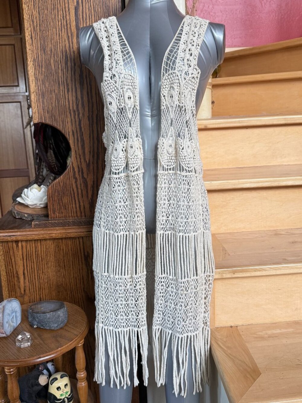 Bobeau Ivory Crochet Fringed Bathing Suit Cover or Long Vest Sm
